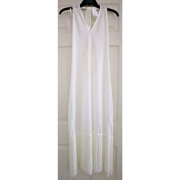 Waimari D267LCW Women's Sz Medium White Levisa Fringe Hem Halter Midi Dress - Picture 1 of 15